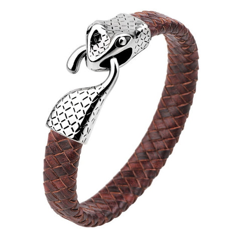 Bracelet Serpent Homme en Cuir Marron (Acier)